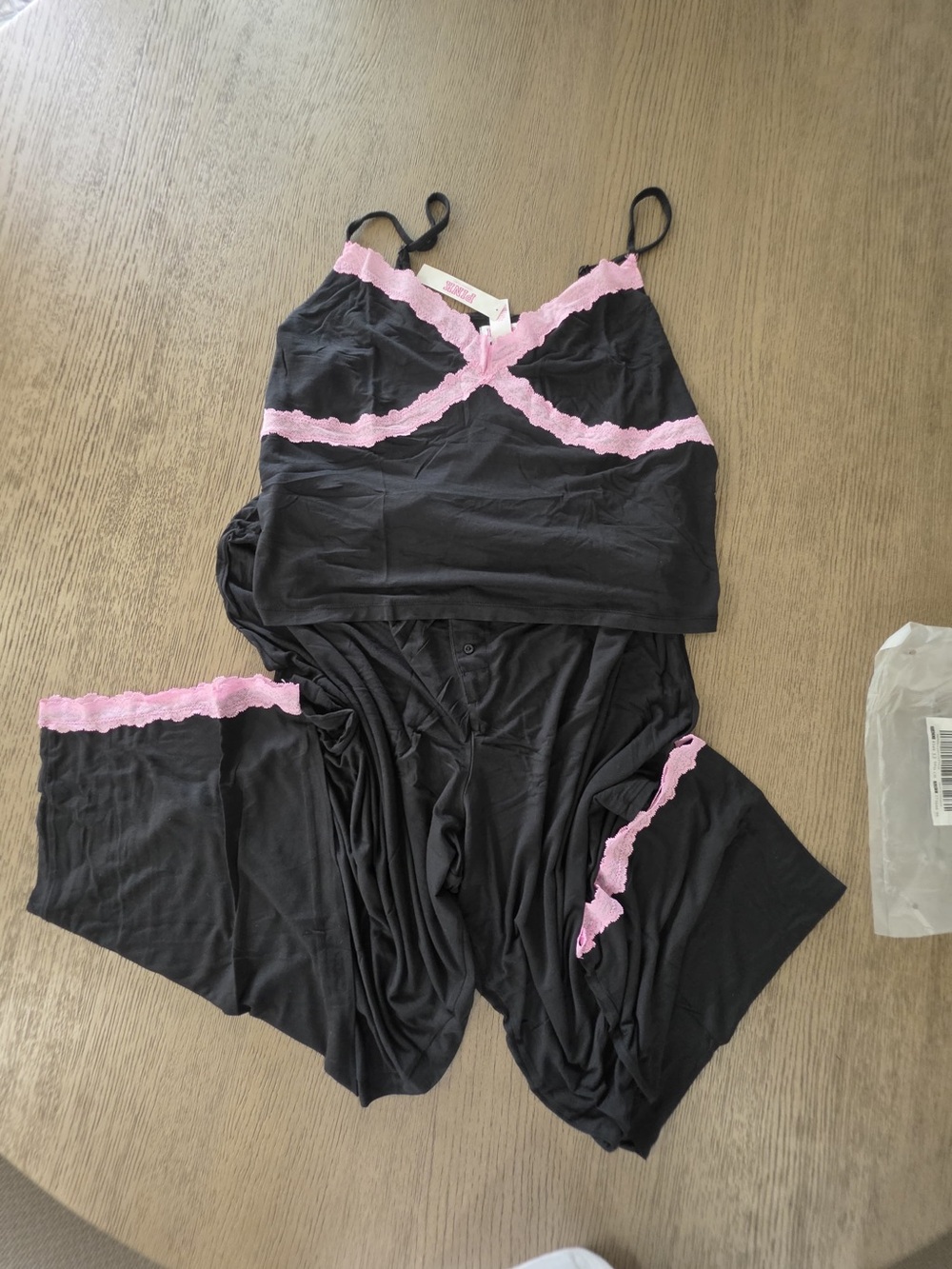 PINK Black Crop Cami with Pink Lace Trim Set